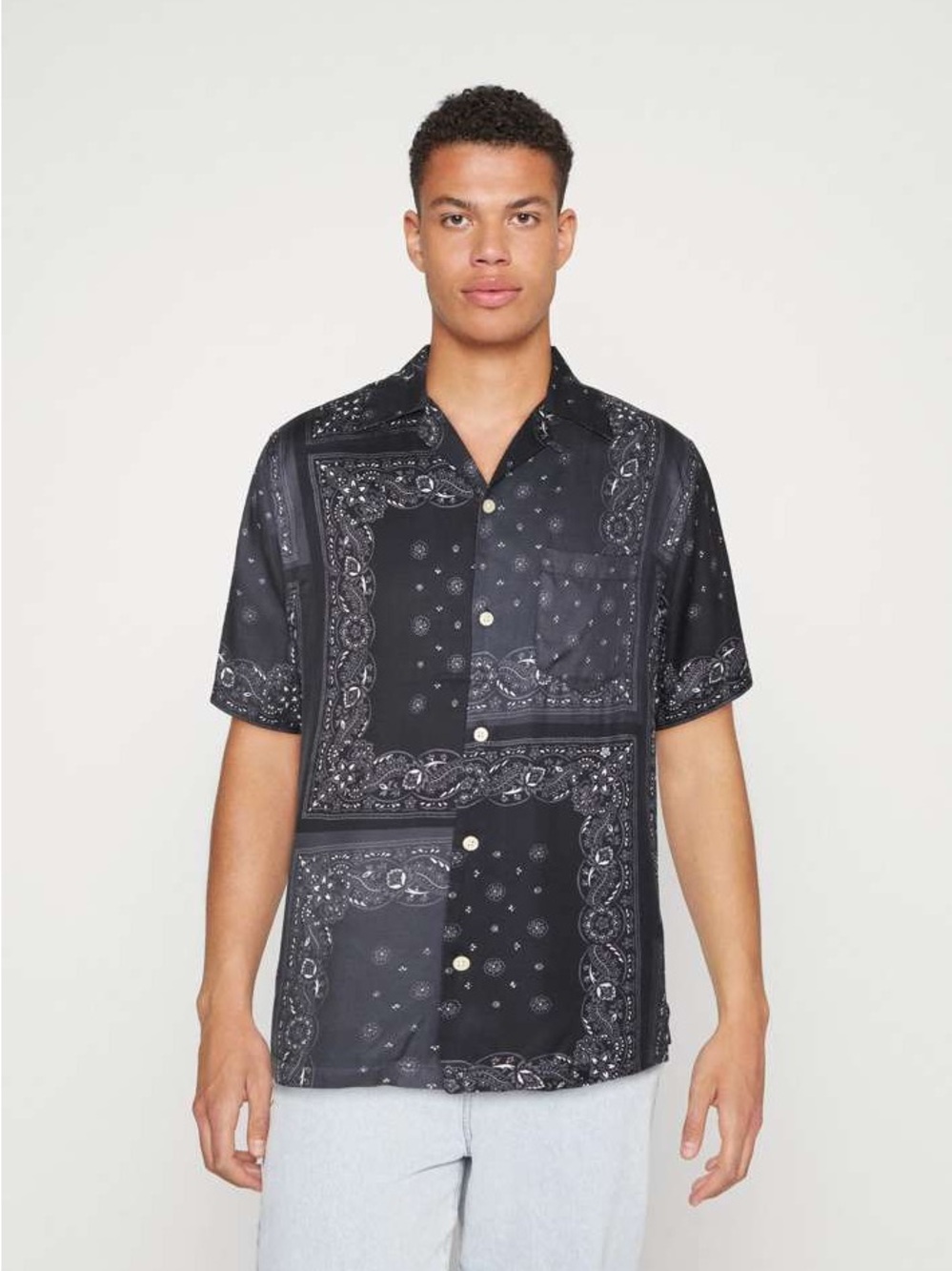 All Saints Navy Bandana-Print Short Sleeve Button-Front Shirt - Picture 2 of 9